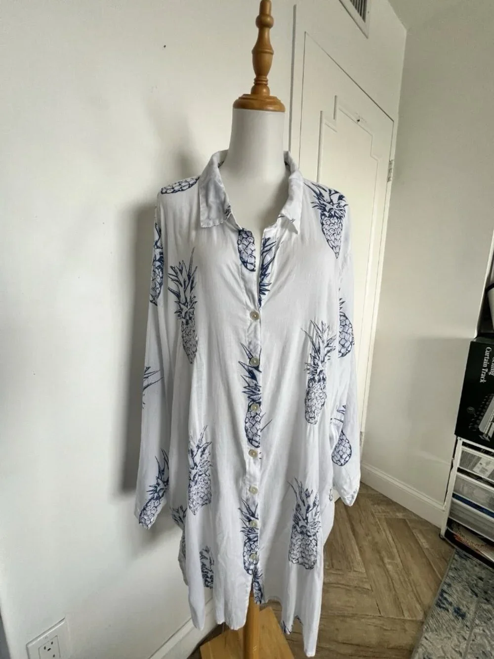 BLUE ISLAND Women's 2X Pineapple Beach Coverup 100% Cotton Swim Resort Pockets